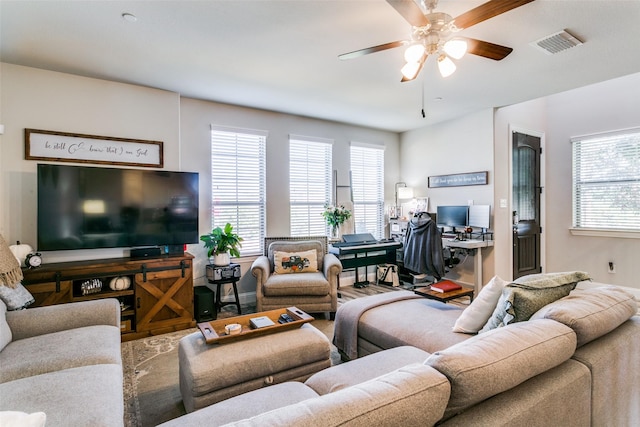 living room with ceiling fan and wood-type flooring