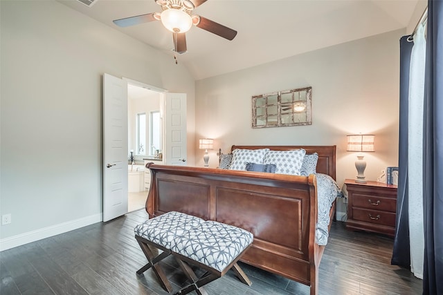 bedroom with dark wood-type flooring, ceiling fan, and vaulted ceiling