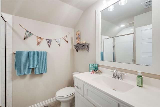 bathroom featuring lofted ceiling, toilet, a shower with door, and vanity