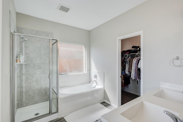 bathroom featuring vanity and separate shower and tub