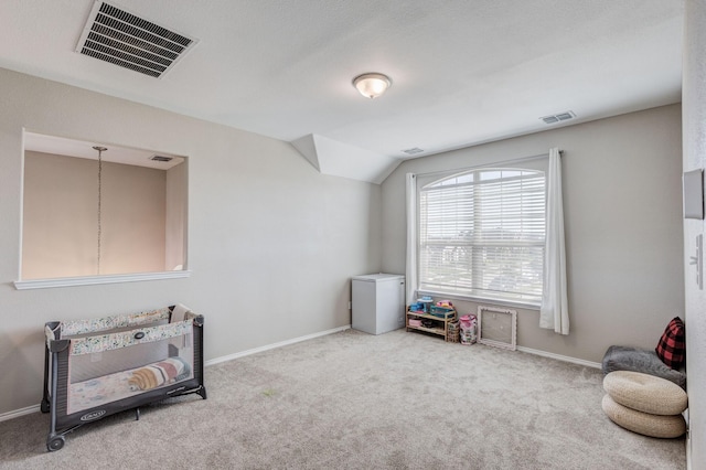 rec room with lofted ceiling and carpet floors