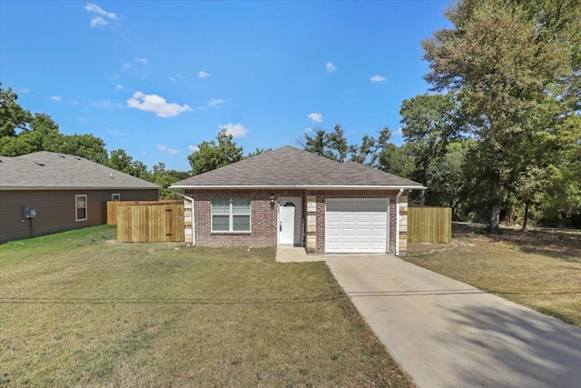 single story home featuring a garage and a front lawn