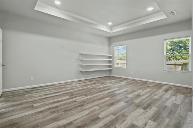 unfurnished room with crown molding, light hardwood / wood-style floors, and a tray ceiling