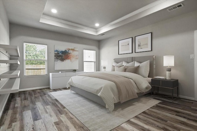 bedroom with multiple windows, a tray ceiling, and dark hardwood / wood-style flooring