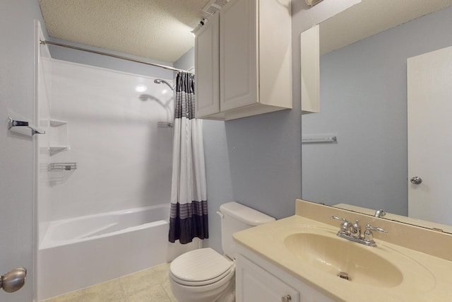 full bathroom with shower / tub combo with curtain, toilet, a textured ceiling, vanity, and tile patterned flooring