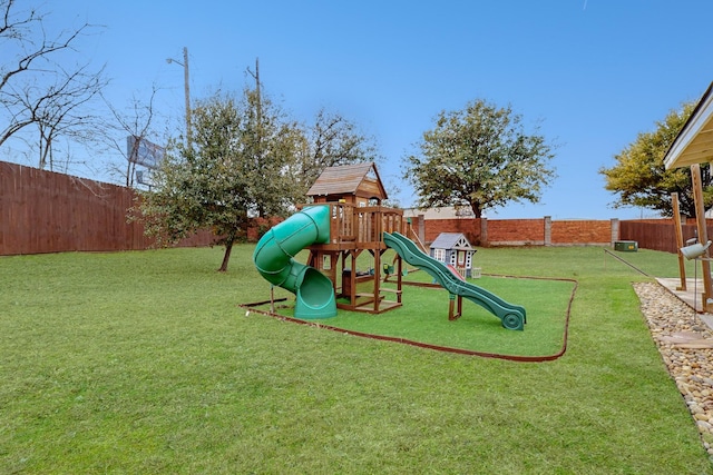 view of play area featuring a yard