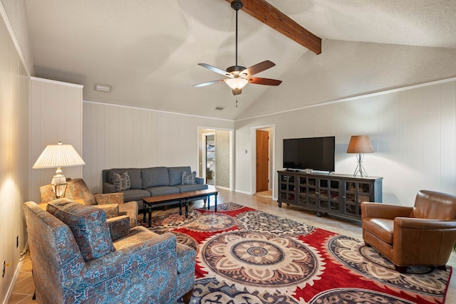 tiled living room with lofted ceiling with beams and ceiling fan