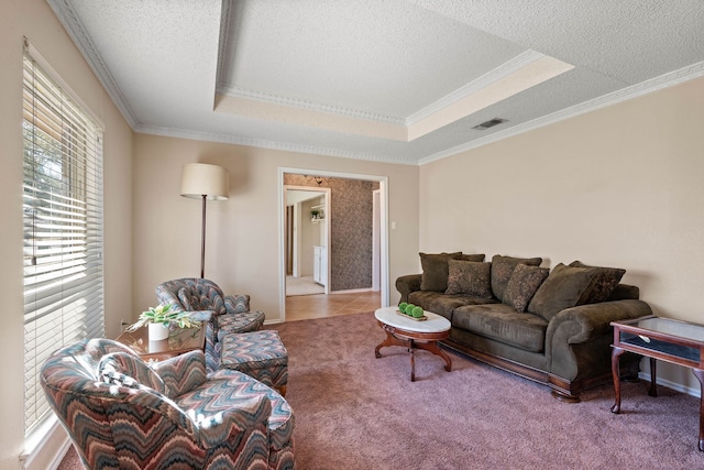 living room featuring a raised ceiling, ornamental molding, carpet flooring, and a textured ceiling