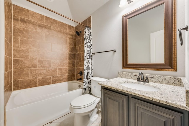 full bathroom with vanity, tile patterned floors, shower / bath combination with curtain, and toilet