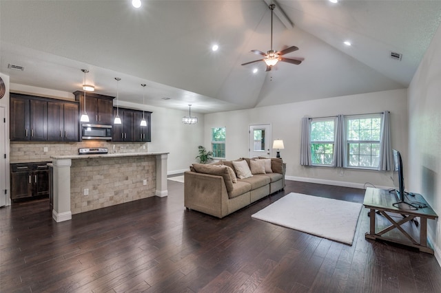 3032 James Ave, Fort Worth, TX 76110 - living area featuring ceiling fan, high vaulted ceiling, baseboards, dark wood-style flooring, and recessed lighting