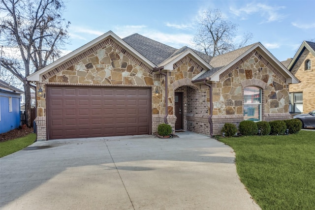 3032 James Ave, Fort Worth, TX 76110 - french country home with stone siding, driveway, an attached garage, a front lawn, and a shingled roof