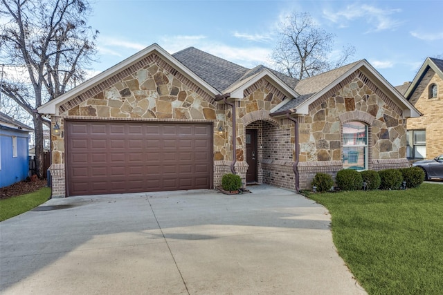 ranch-style house featuring a garage and a front yard