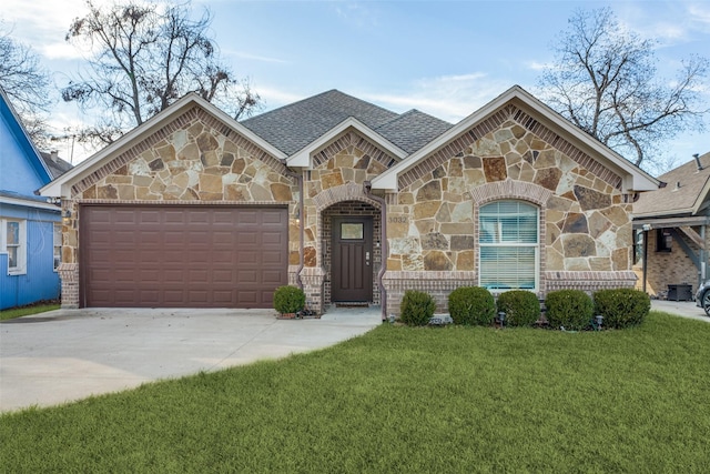 3032 James Ave, Fort Worth, TX 76110 - view of front facade featuring stone siding, concrete driveway, a front yard, an attached garage, and a shingled roof