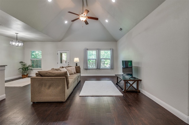 3032 James Ave, Fort Worth, TX 76110 - living area with baseboards, high vaulted ceiling, dark wood finished floors, a ceiling fan, and recessed lighting