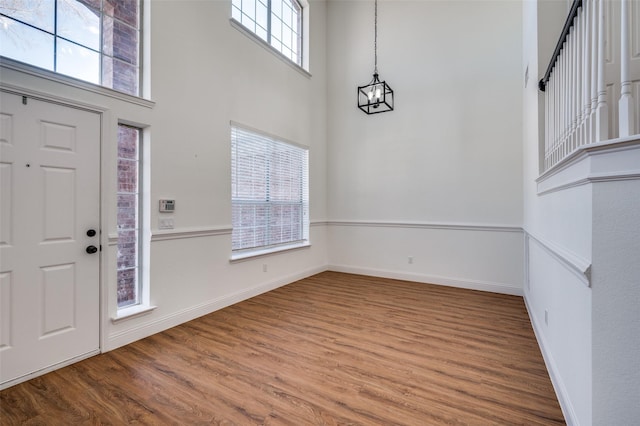 foyer entrance with wood-type flooring and a high ceiling