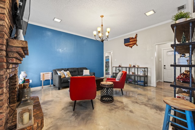 living room with an inviting chandelier, crown molding, a textured ceiling, and concrete floors