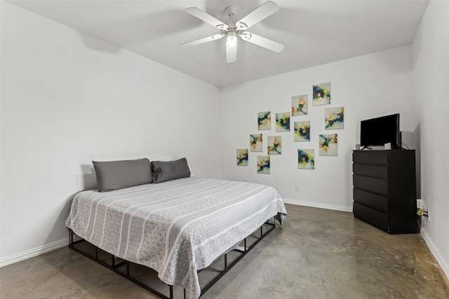 bedroom with concrete floors and ceiling fan