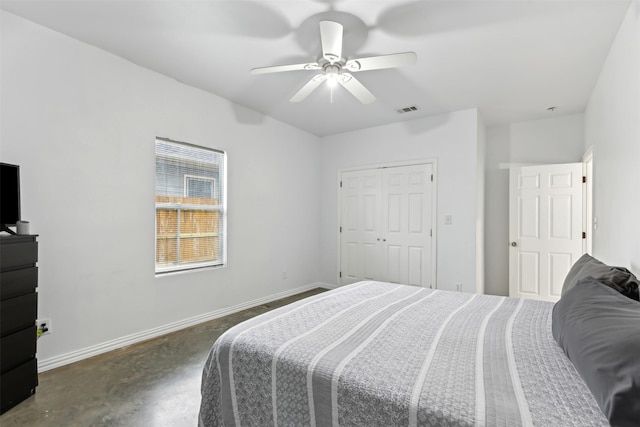 bedroom with ceiling fan and a closet