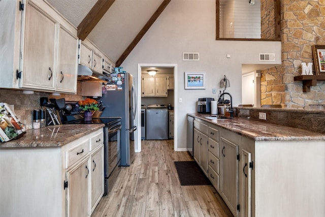 kitchen featuring visible vents, range with electric cooktop, a sink, beamed ceiling, and stainless steel dishwasher