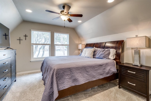 bedroom with a ceiling fan, baseboards, lofted ceiling, recessed lighting, and light colored carpet