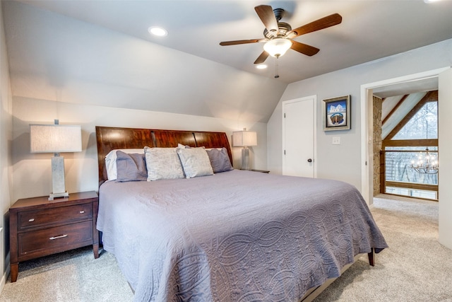 bedroom featuring recessed lighting, carpet, vaulted ceiling, and ceiling fan