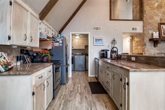 kitchen with sink, dishwasher, washer / clothes dryer, black range with electric cooktop, and beamed ceiling