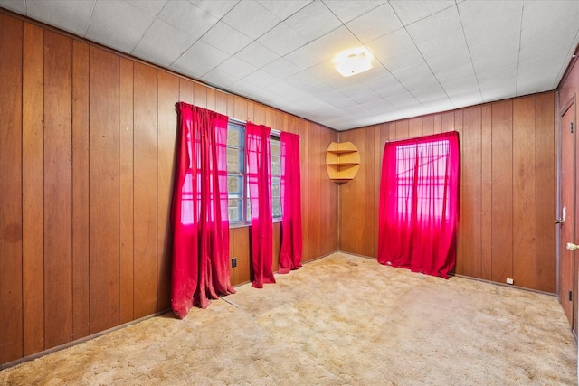 carpeted empty room featuring wood walls