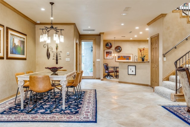 dining space with ornamental molding