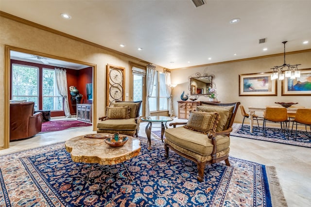 living area with ornamental molding and a notable chandelier