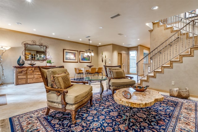 living room featuring crown molding and a notable chandelier