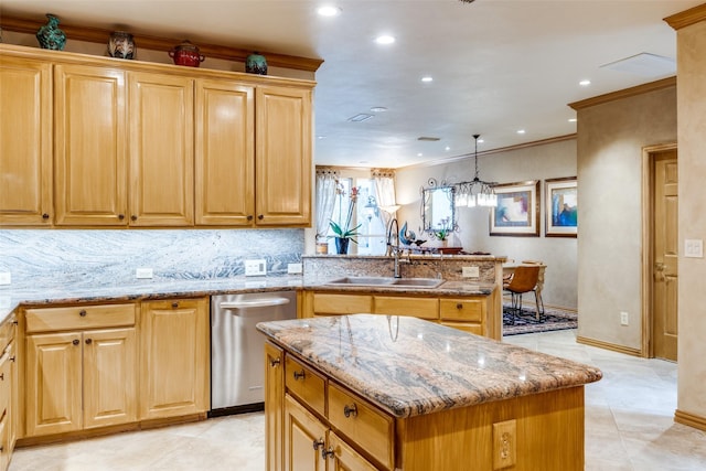 kitchen with a kitchen island, sink, hanging light fixtures, stainless steel dishwasher, and kitchen peninsula