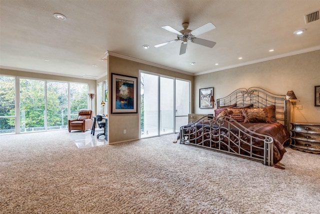 carpeted bedroom featuring access to exterior, crown molding, and ceiling fan