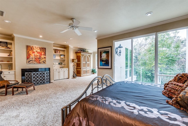 bedroom with ornamental molding, carpet floors, access to exterior, and ceiling fan