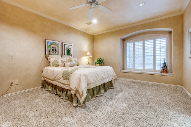 bedroom featuring ornamental molding, ceiling fan, and carpet flooring