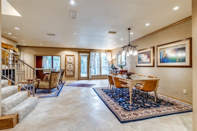 dining space with ornamental molding