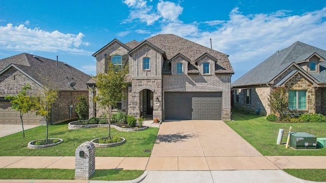 french country inspired facade with concrete driveway, a front yard, brick siding, and an attached garage