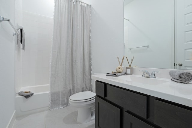 full bathroom featuring vanity, tile patterned floors, shower / bath combination with curtain, and toilet