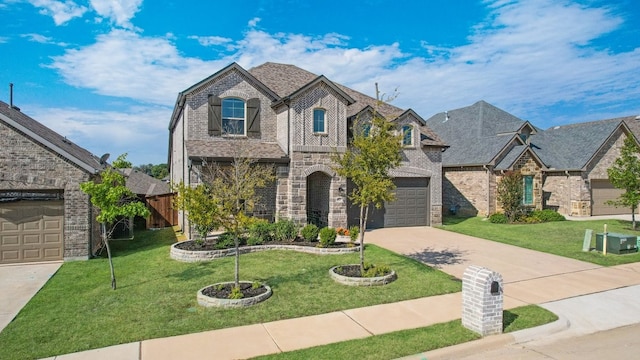 french country inspired facade featuring a front lawn, a garage, brick siding, and driveway