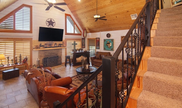 living room featuring ceiling fan, wooden walls, high vaulted ceiling, a fireplace, and wooden ceiling