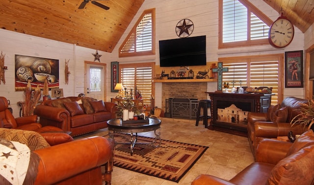 living room with wood ceiling, a fireplace, high vaulted ceiling, and ceiling fan