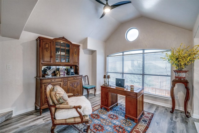 office space featuring vaulted ceiling, a healthy amount of sunlight, and hardwood / wood-style floors