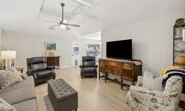 living room with ceiling fan and light hardwood / wood-style flooring