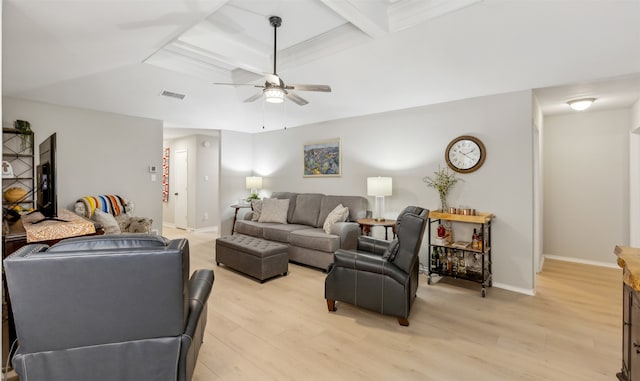 living room with coffered ceiling, ceiling fan, beam ceiling, and light hardwood / wood-style flooring