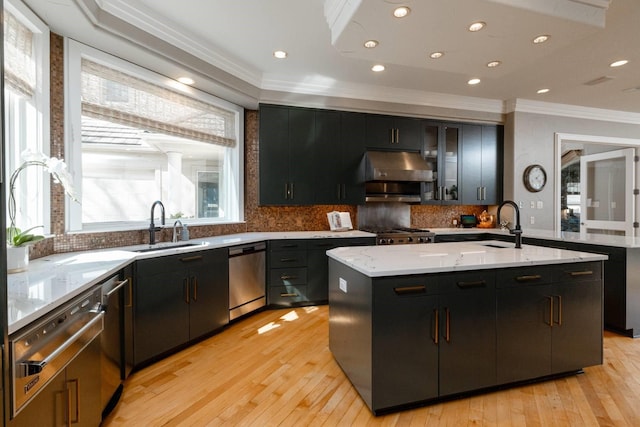 kitchen with range hood, sink, stainless steel dishwasher, crown molding, and a center island with sink