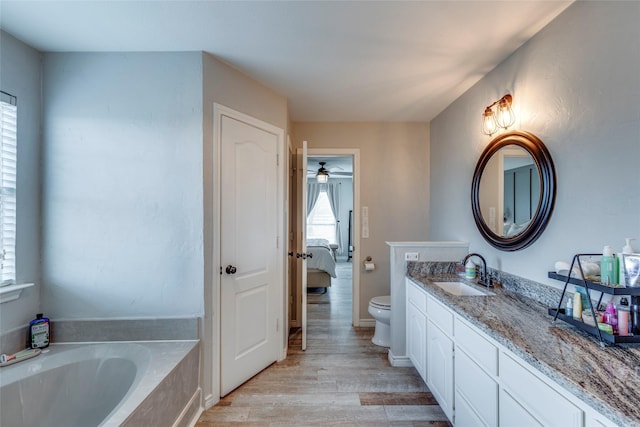 ensuite bathroom featuring toilet, vanity, ensuite bath, wood finished floors, and a bath