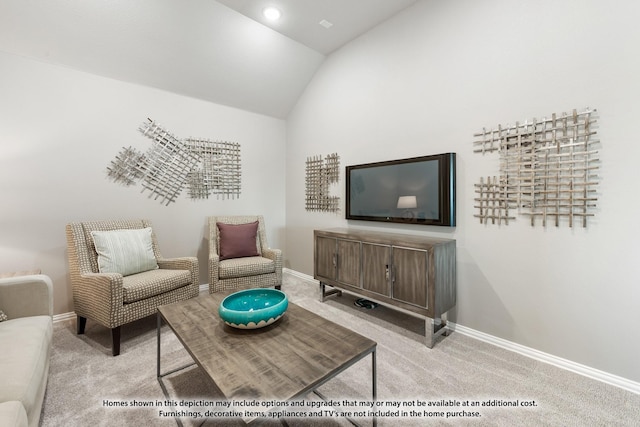 living room with vaulted ceiling and light carpet