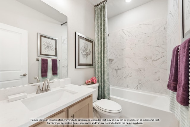 full bathroom with vanity, toilet, and shower / bath combo with shower curtain