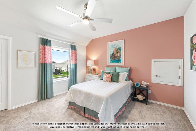 bedroom with lofted ceiling, light colored carpet, and ceiling fan