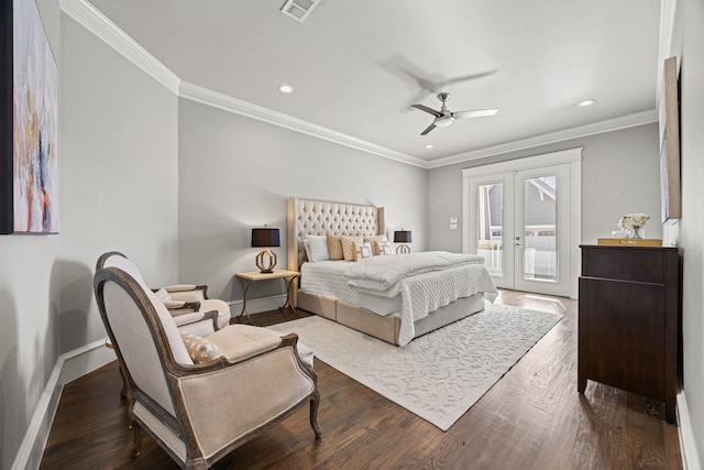 bedroom with ceiling fan, wood-type flooring, ornamental molding, access to outside, and french doors