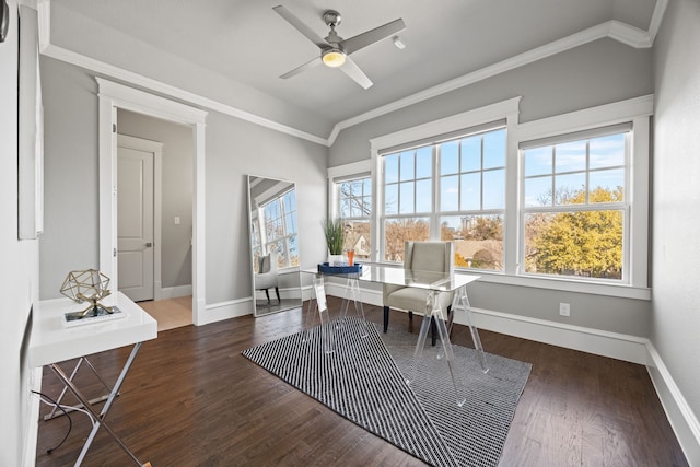 office space with crown molding, ceiling fan, and dark hardwood / wood-style floors